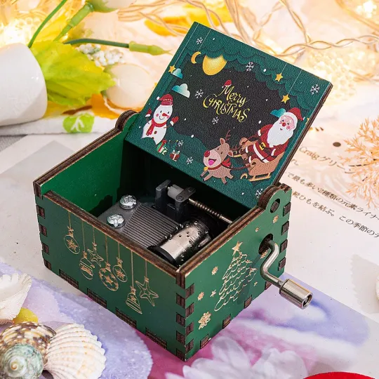 Merry Christmas Wooden Hand Crank Music Box for Children Birthday Gift Home Décor