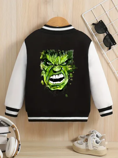 Marvel Boys' Baseball Jacket - Incredible Hulk Print, Double-Sided Pattern, Comfortable Fabric, Black and White, Fashiona