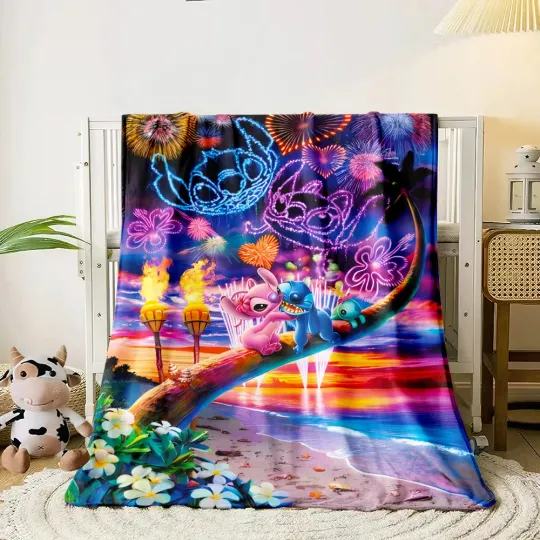 Stitch Cartoon HD Printed Flannel Thin Blanket.Four Season Blanket.for Sofa,bed,living Rooms,travel,Picnic,office Blanket Gifts