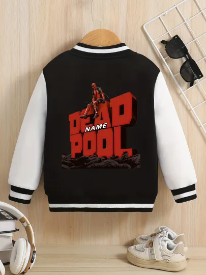 Marvel boys' baseball jacket - Deadpool 3D lettering print, double-sided to highlight individual style, suitable for dail