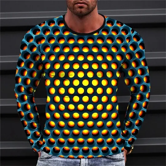 Fashionable Men's Printed T-shirt Optical Illusion Round Neck Long Sleeved Street Harajuku Exaggerated Designer Round Neck Top