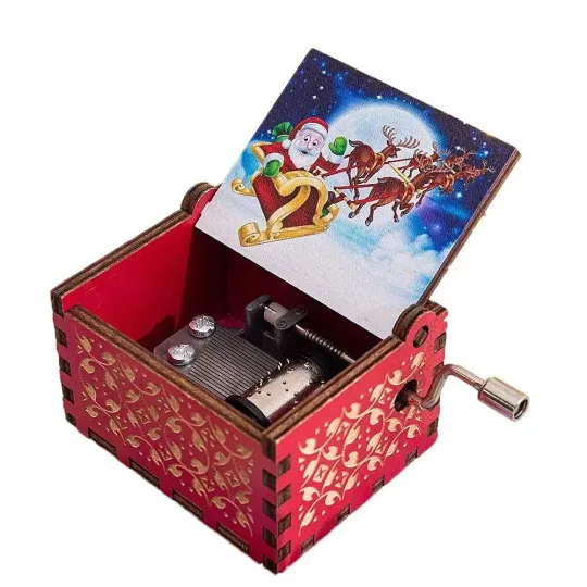 Hand Crank Music Box Santa Claus Wooden Box