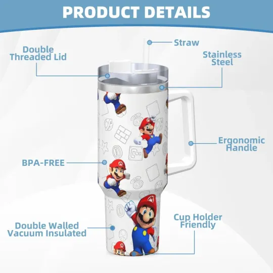 Super Mario Tumblers 40 oz With Handle | Christmas Gift