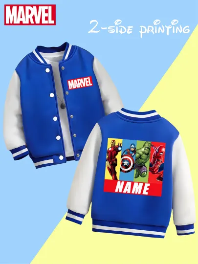 Marvel boys' baseball jacket - featuring classic hero prints like Iron Man and Captain America, with eye-catching double-