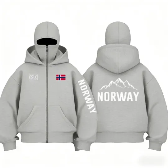 Autumn Winter Men's and Women's Norway flag pattern fleece zip up hoodies Balaclava Hooded Mask Design Fashionable sweatshirt