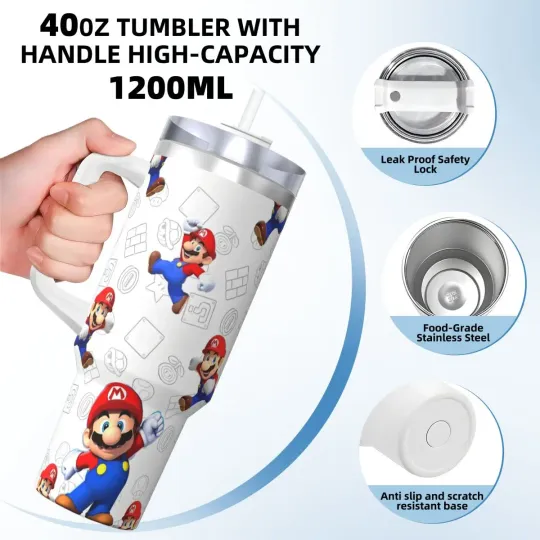 Super Mario Tumblers 40 oz With Handle | Christmas Gift