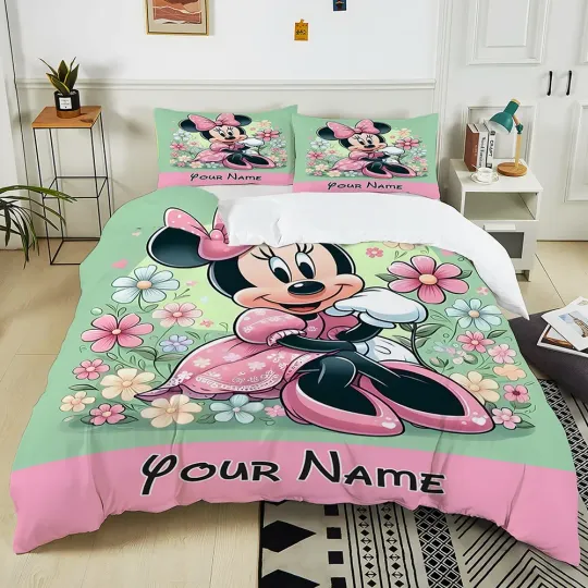 Cute Cartoon M-Minnie Pattern Custom Name Bedding Set