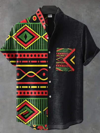 New ethnic-style shirt pattern casual design men's linen printed short-sleeved shirt button fashionable top