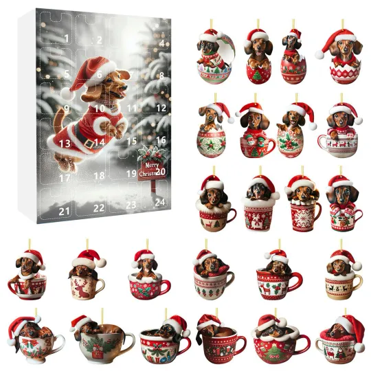24 Days Dachshunds Christmas Holiday Advent Calendar 2D Acrylic Dachshunds Ornament Countdown Calendar Xmas Tree Hanging Pendant
