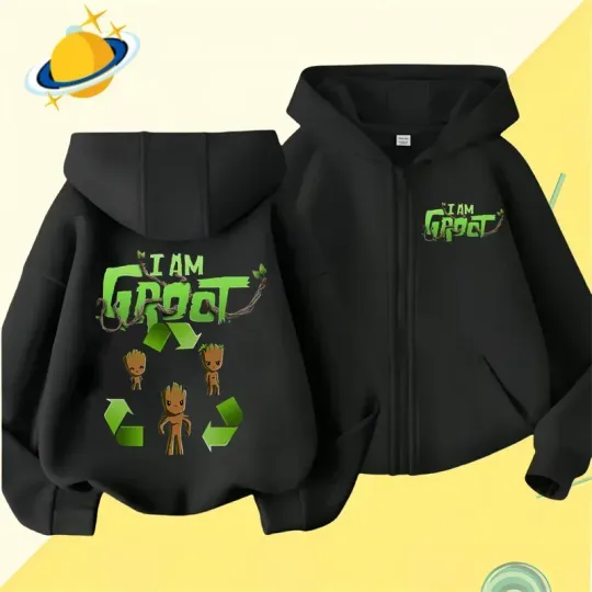 Groot Kids Double Sided Zipper Hoodie | Unisex Zip Up Jacket