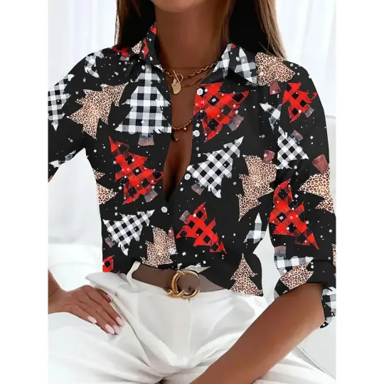 Women's 2024 New 3d Christmas Printed Long Sleeve Shirts Elegant Lapel Long Sleeve Top Winter Spring Single-Breasted Basic Shirt