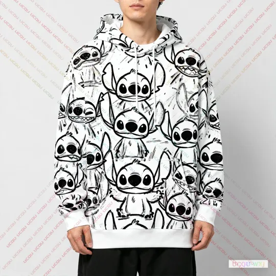 2025 Autumn Winter Plus Size Hooded Sweatshirt Disney Stitch Graffiti Pattern Print Warm And Comfortable Fashionable Sweatshirt