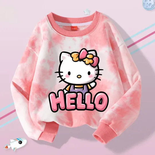 Hello Kitty Tie-Dye Sweatshirt for Children Long Sleeve Round Neck Anime Cartoon Spring Autumn Clothes