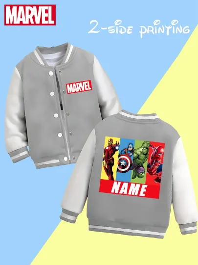 Marvel boys' baseball jacket - featuring classic hero prints like Iron Man and Captain America, with eye-catching double-