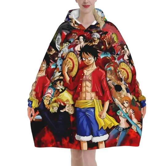 Luffy One Piece Oversized Blanket Hoodie Sweatshirt with Large Pocket for Women Men