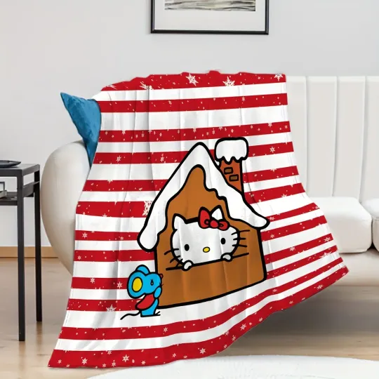 Sanrio Hello Kitty Fleece Blanket with Christmas Gingerbread House Design