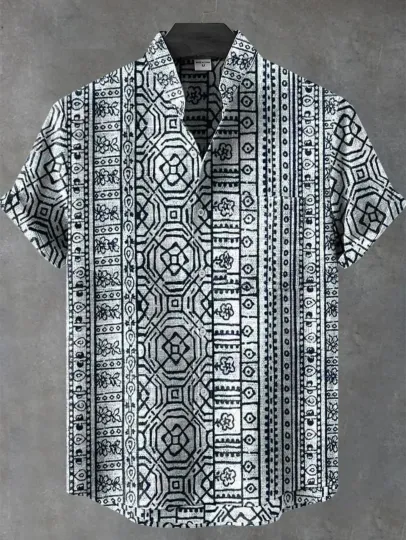 New ethnic-style shirt pattern casual design men's linen printed short-sleeved shirt button fashionable top