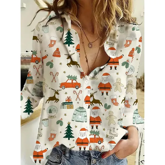 Women's 2024 New 3d Christmas Printed Long Sleeve Shirts Elegant Lapel Long Sleeve Top Winter Spring Single-Breasted Basic Shirt