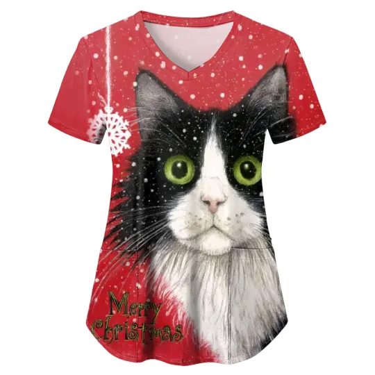Cute Cat 3D Print Women's Surgical Gown Top Short Sleeve Nursing Uniform for Christmas and Thanksgiving