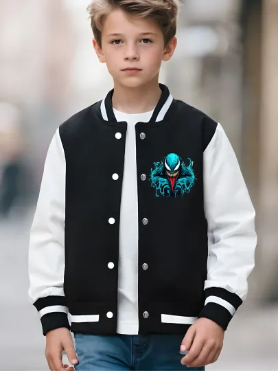 Marvel Boys' Baseball Jacket - Cool Venom Print, Double-Sided Pattern, Soft Fabric
