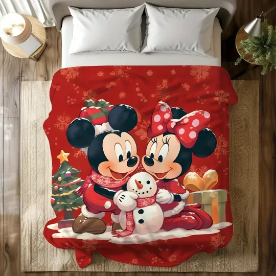 Christmas Mickey & Minnie Snowman Throw Blanket, Disney Holiday Decor