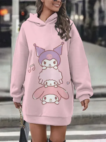 Autumn and Winter Kuromi Women's Sweater Dress Casual Cartoon Print Long Sleeve Hoodie Dress Fashion Trend Warm Women's Sweater