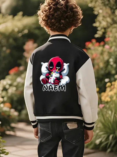 Marvel Boys Baseball Jacket - Deadpool Holding Unicorn Cute Print