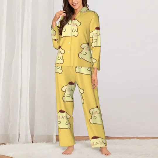 Sanrio Pompompurin Women's Pajamas Set Button Down Pajama 2 Piece Suit Pyjama Femme Nightwear Loungewear
