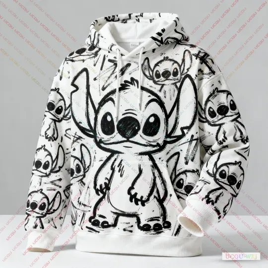 2025 Autumn Winter Plus Size Hooded Sweatshirt Disney Stitch Graffiti Pattern Print Warm And Comfortable Fashionable Sweatshirt