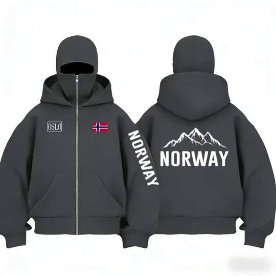 Autumn Winter Men's and Women's Norway flag pattern fleece zip up hoodies Balaclava Hooded Mask Design Fashionable sweatshirt