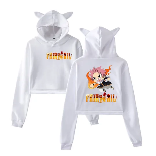 Women's Fairy Tail Crop Hoodie with Cat Ears, Anime Sweatshirt, Short Hooded Pullover