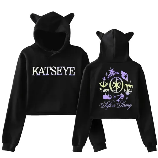 Katseye Funny Print Cropped Hoodies Graphic Cute Cat Ears Crop Tops