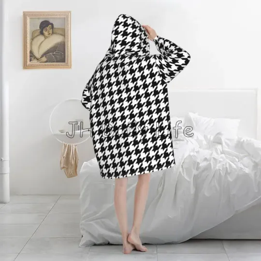 Black White Houndstooth Wearable Blanket Hoodie