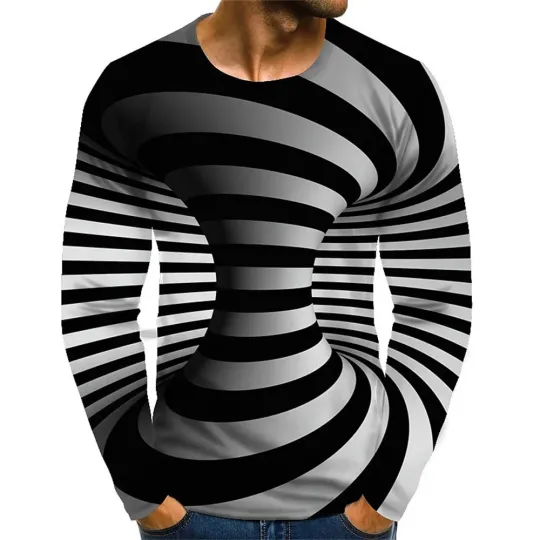 Fashionable Men's Printed T-shirt Optical Illusion Round Neck Long Sleeved Street Harajuku Exaggerated Designer Round Neck Top