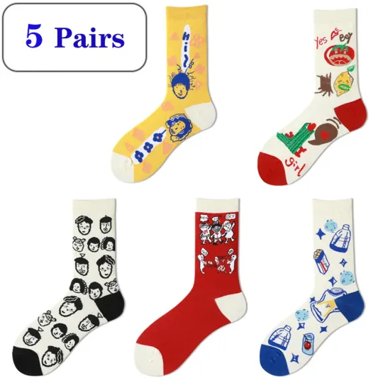 5 Pairs Graffiti Socks Personality Tide Funny Korean Version Mid Tube Couple Socks Harajuku Style Colorful Cute Flower Socks