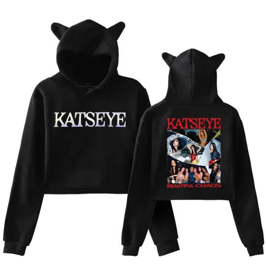 Katseye Funny Print Cropped Hoodies Graphic Cute Cat Ears Crop Tops