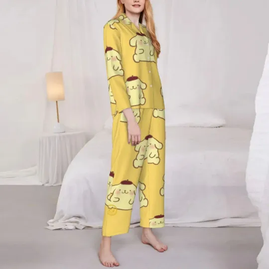 Sanrio Pompompurin Women's Pajamas Set Button Down Pajama 2 Piece Suit Pyjama Femme Nightwear Loungewear