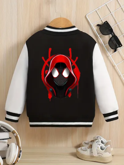 Marvel Boys' Baseball Jacket - Spider-Man Double-Sided Pattern, Comfortable Fabric, Black and White, Trendy for Fall and