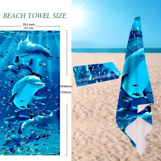 Extra Large Microfiber Beach Towel, Super Absorbent, Quick-Dry, Lightweight, Dolphin & Fish Design,Sun & Wind Protection,Travel