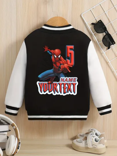 Marvel boys' baseball jacket - Spider-Man digital interactive print, customizable text on both sides, perfect for school,