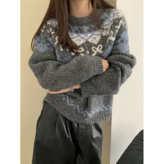 Retro Fair Isle Snowflake  Loose round Neck Color Block Long Sleeve Sweater Women's Fashionable Commute City Style