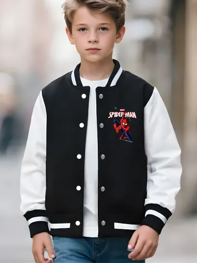 Marvel Boys' Baseball Jacket - Spider-Man Classic Battle Stance Double-Sided Pattern, Soft Fabric