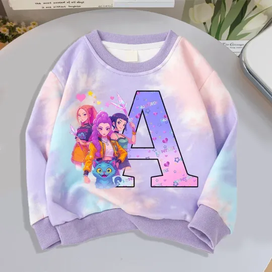 KPop Demon Hunters Tie-Dye Hoodie for Girls Cartoon Letter Print Round Neck Sweatshirt