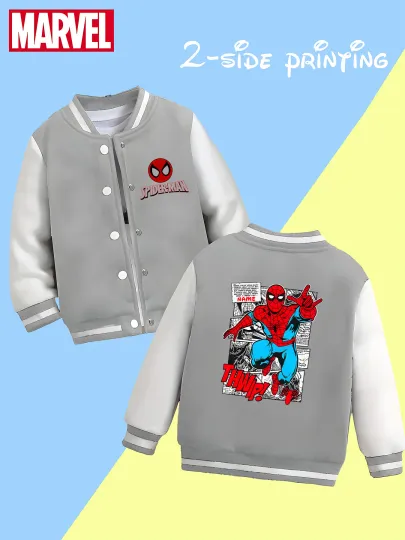 Marvel boys' baseball jacket - Spider-Man comic scene print, double-sided story clips, suitable for school, reading shari