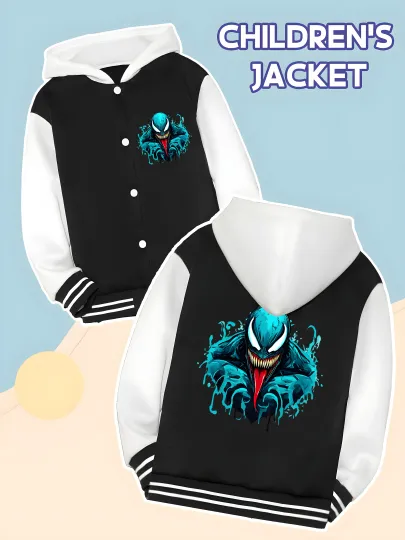 Marvel Boys' Baseball hooded Jacket - Cool Venom Print, Double-Sided Pattern, Soft Fabric