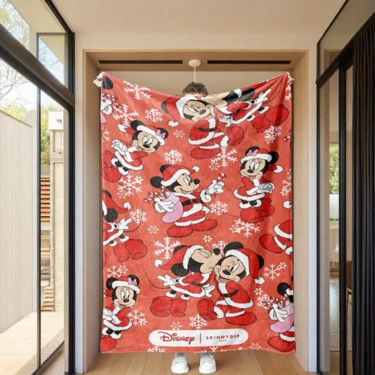 Christmas Mickey & Minnie Snowman Throw Blanket, Disney Holiday Decor