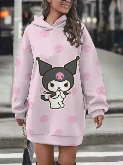 Women's Long Sleeve Hoodies Kuromi Printed Sweater Dress Autumn and Winter Casual Street Pullover Sweatshirt Women's Clothing