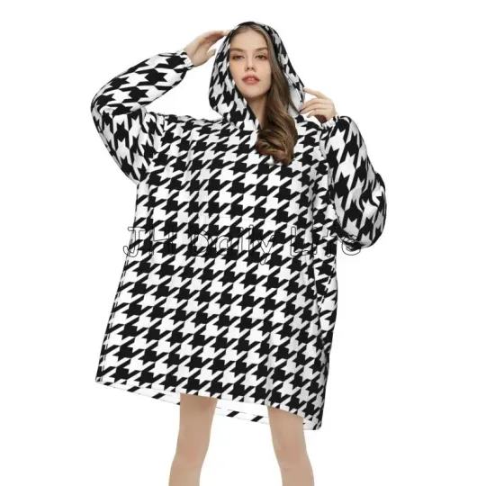 Black White Houndstooth Wearable Blanket Hoodie