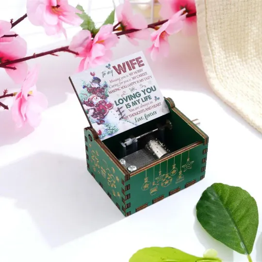 Wife Wooden Hand Crank Music Box - Merry Christmas Series, Classic Carved Design, Birthday Gift, Family Decoration