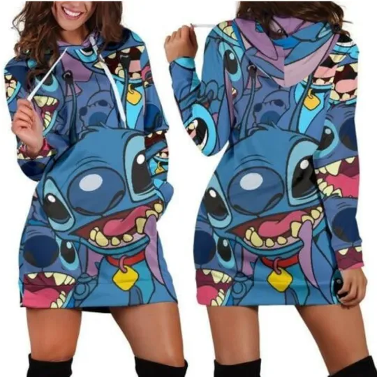 New Stitch Hoodie Dress Sweater Fashion Disney Dress Sweatshirt Dress 3d Allover Printed Hoodie for Women